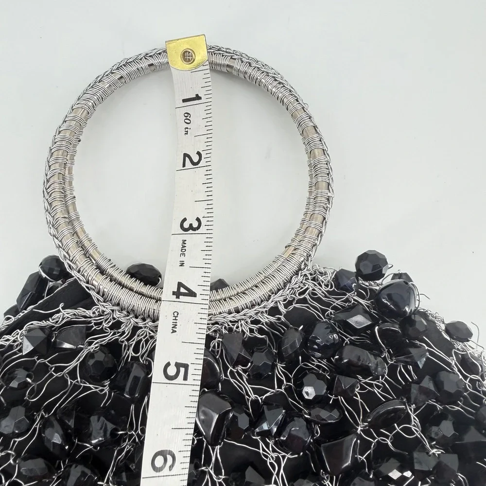 La Chica Chic Black Beaded Wire Evening‎ Bag Silver Ring Handle Made in Brazil